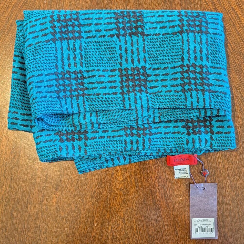 NWT Isaia Napoli Blue Black 100% Cashmere Scarf Brand New with Tag 67" x 25"